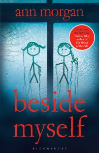 cover of beside myself by ann morgan two stick figures drawn in condensation