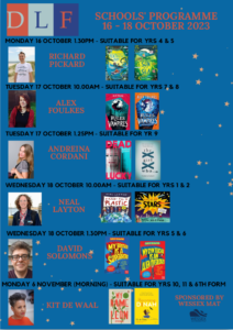 flyer for the dorchester literary festival featuring Andreina Cordani alongside other childrens and young adult authors.