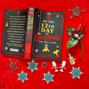 image of the twelve days of murder advanced reading copy alongside some christmas charms