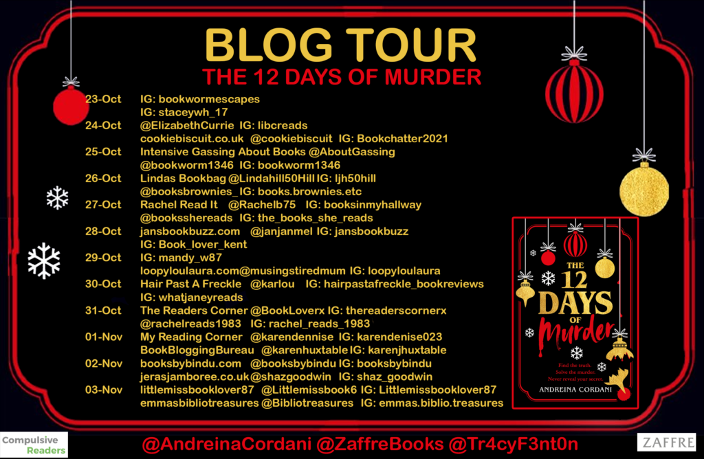 graphic showing the blog tour dates for the twelve days of murder - follow links in post for more details.