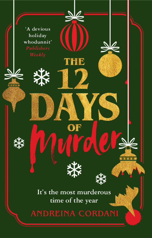 UK Paperback cover of The Twelve Days of Murder - green with the outline of festive baubles and blood spatter