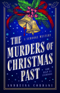 blue cover dotted with snowflakes and decorated with holly and a Christmas bell which have drips of blood on them of course, because murder.